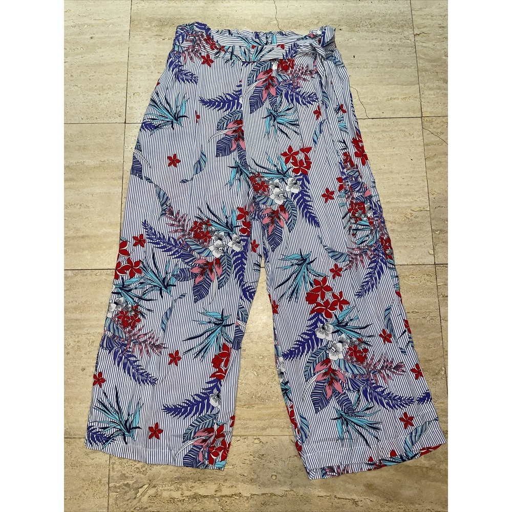 Susan Graver Womens Passport Printed Capri Pants Blue Tropical Floral Size M